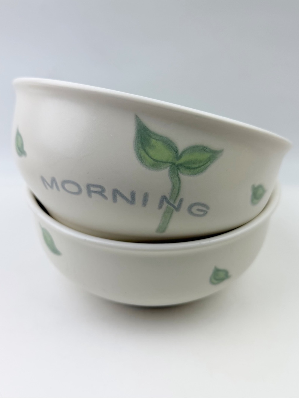 2 Two & One Studio Ceramics Morning Bowls Green Leaf Sprout Minimalist Farmhouse